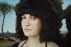 Rene Grgić-Đaković - Valentina ispred stabla dunje; ulje na dasci, 30.6x36.1cm, 2018.